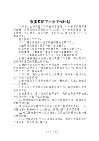 市质监局下半年工作计划