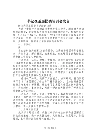书记在基层团委培训会讲话
