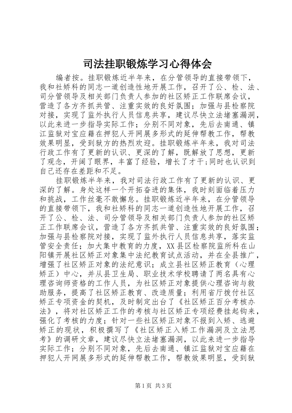 司法挂职锻炼学习心得体会_第1页