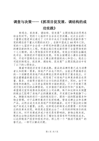 调查与决策抓项目促发展调结构的成功实践