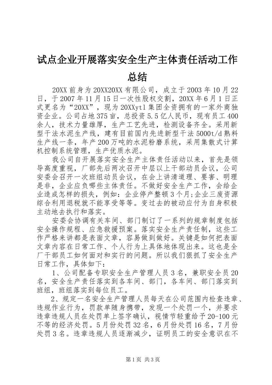 试点企业开展落实安全生产主体责任活动工作总结_第1页