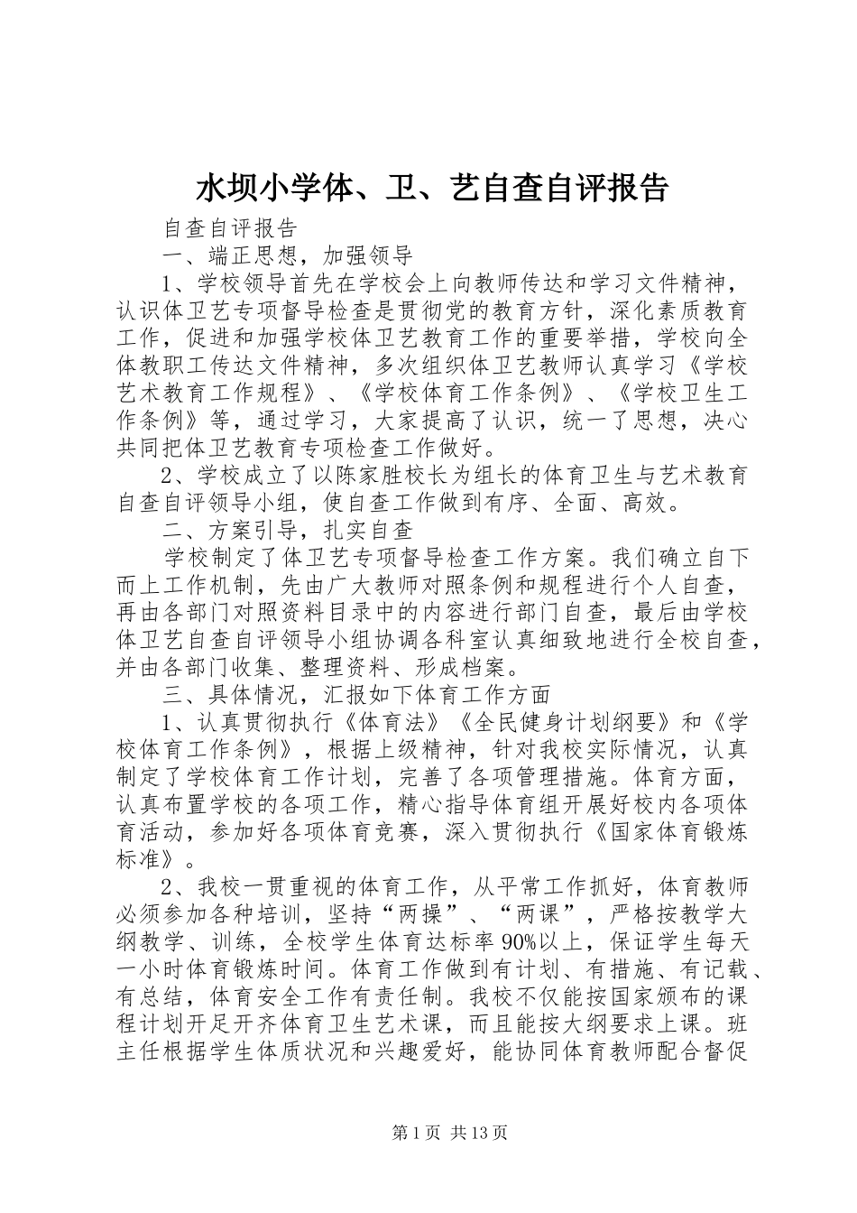 水坝小学体卫艺自查自评报告_第1页