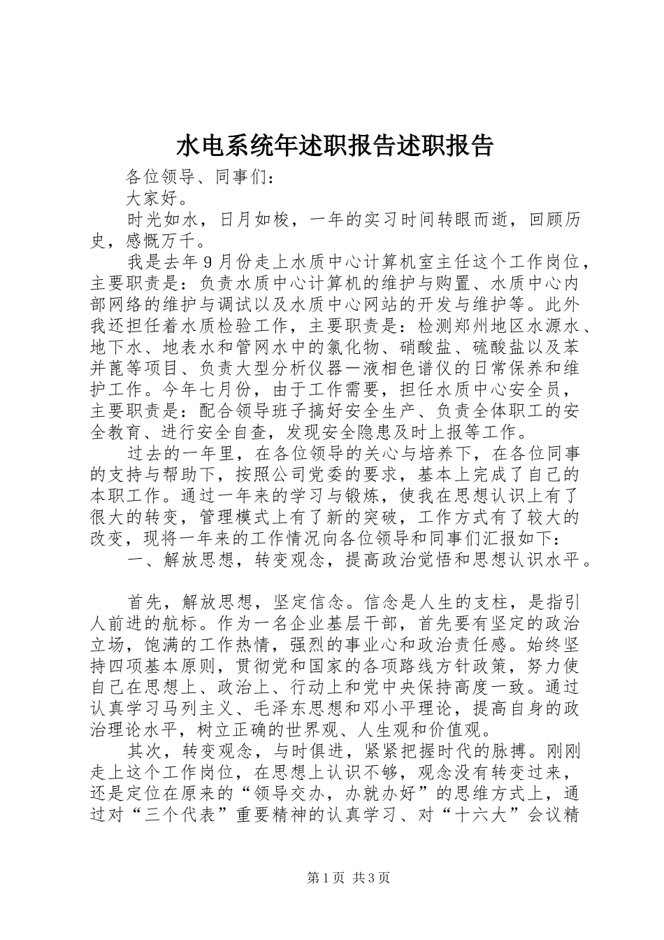 水电系统年述职报告述职报告_第1页