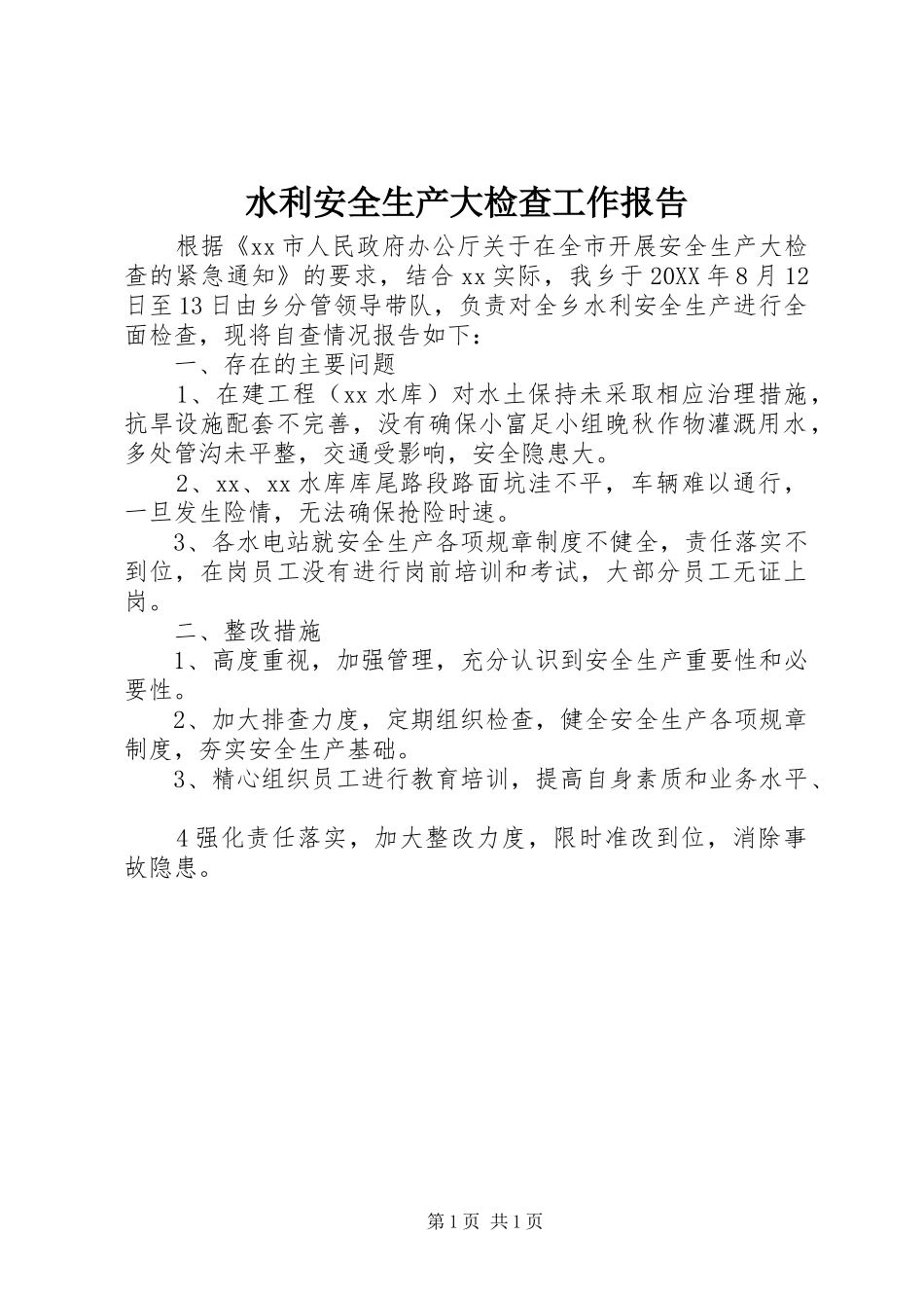 水利安全生产大检查工作报告_第1页