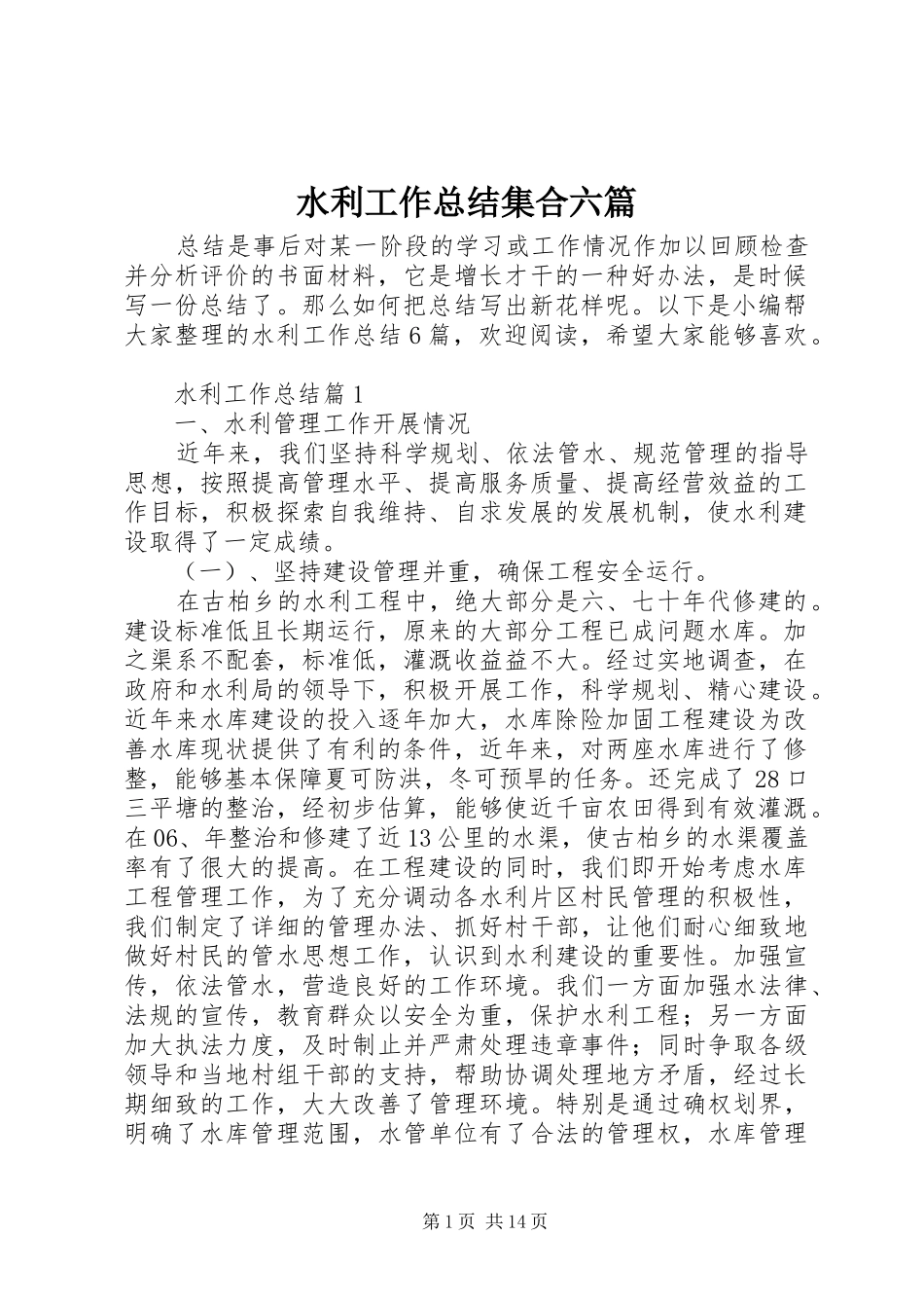 水利工作总结集合六篇_第1页