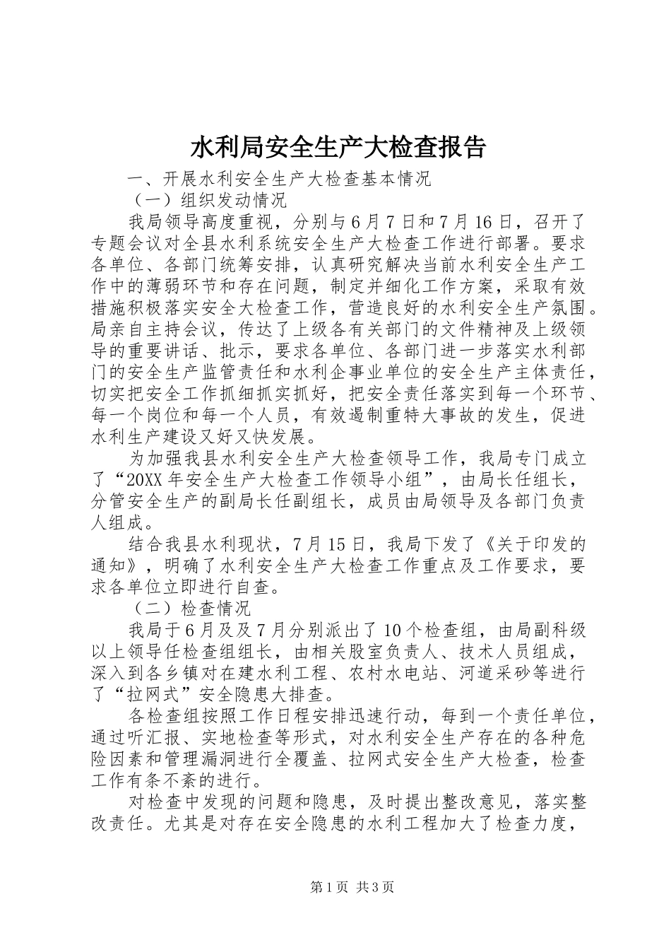 水利局安全生产大检查报告_第1页