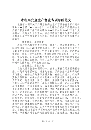 水利局安全生产督查专项总结范文