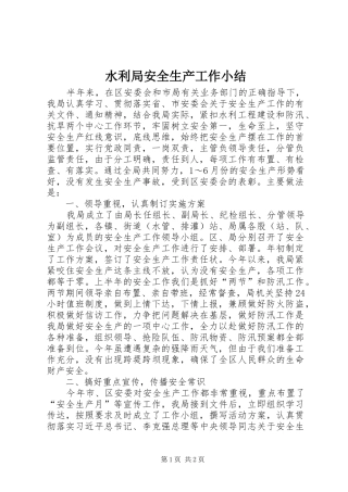 水利局安全生产工作小结