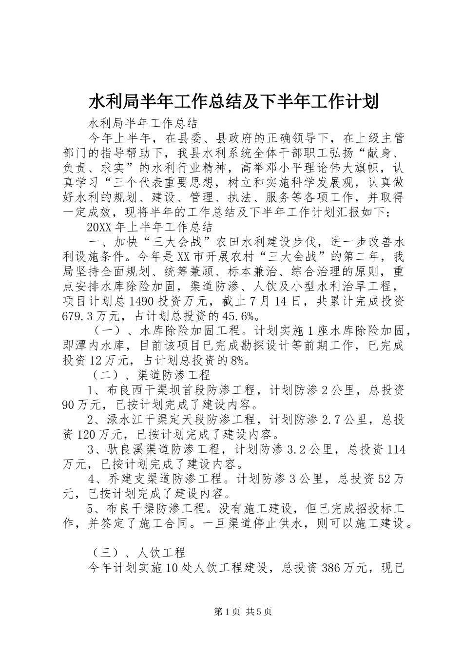水利局半年工作总结及下半年工作计划_第1页