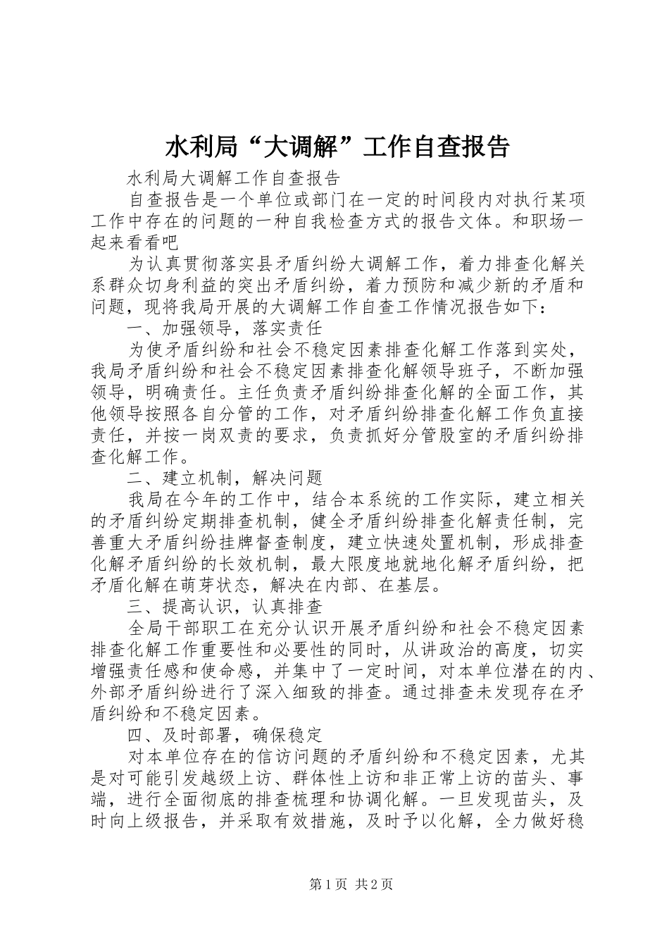 水利局大调解工作自查报告_第1页