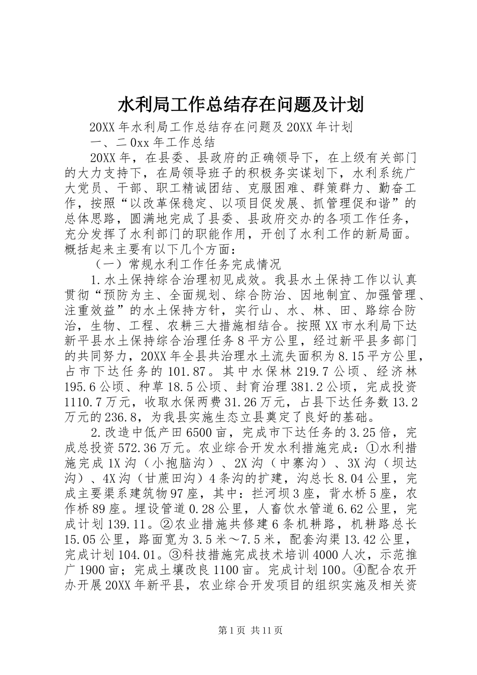 水利局工作总结存在问题及计划_第1页