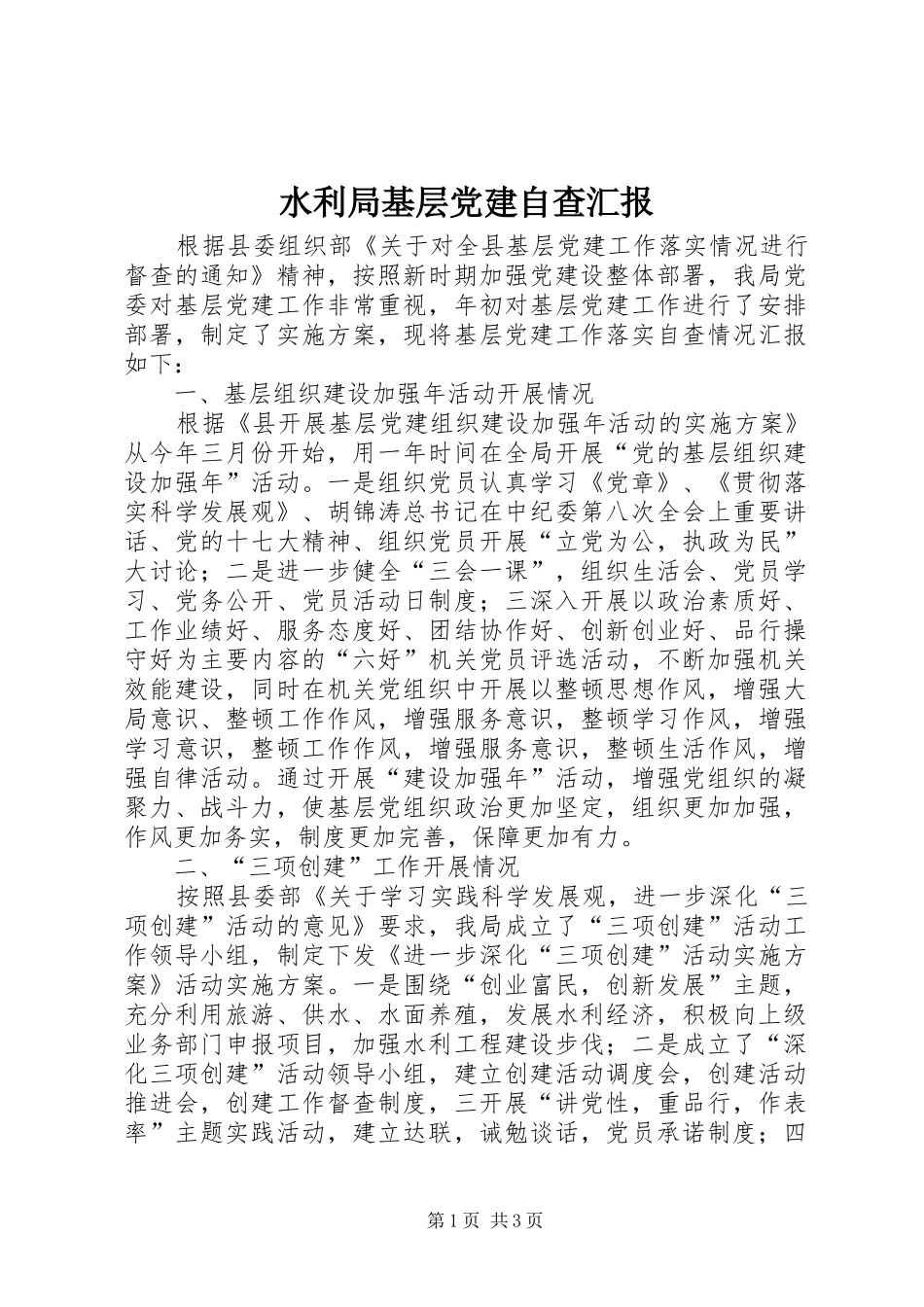 水利局基层党建自查汇报_第1页