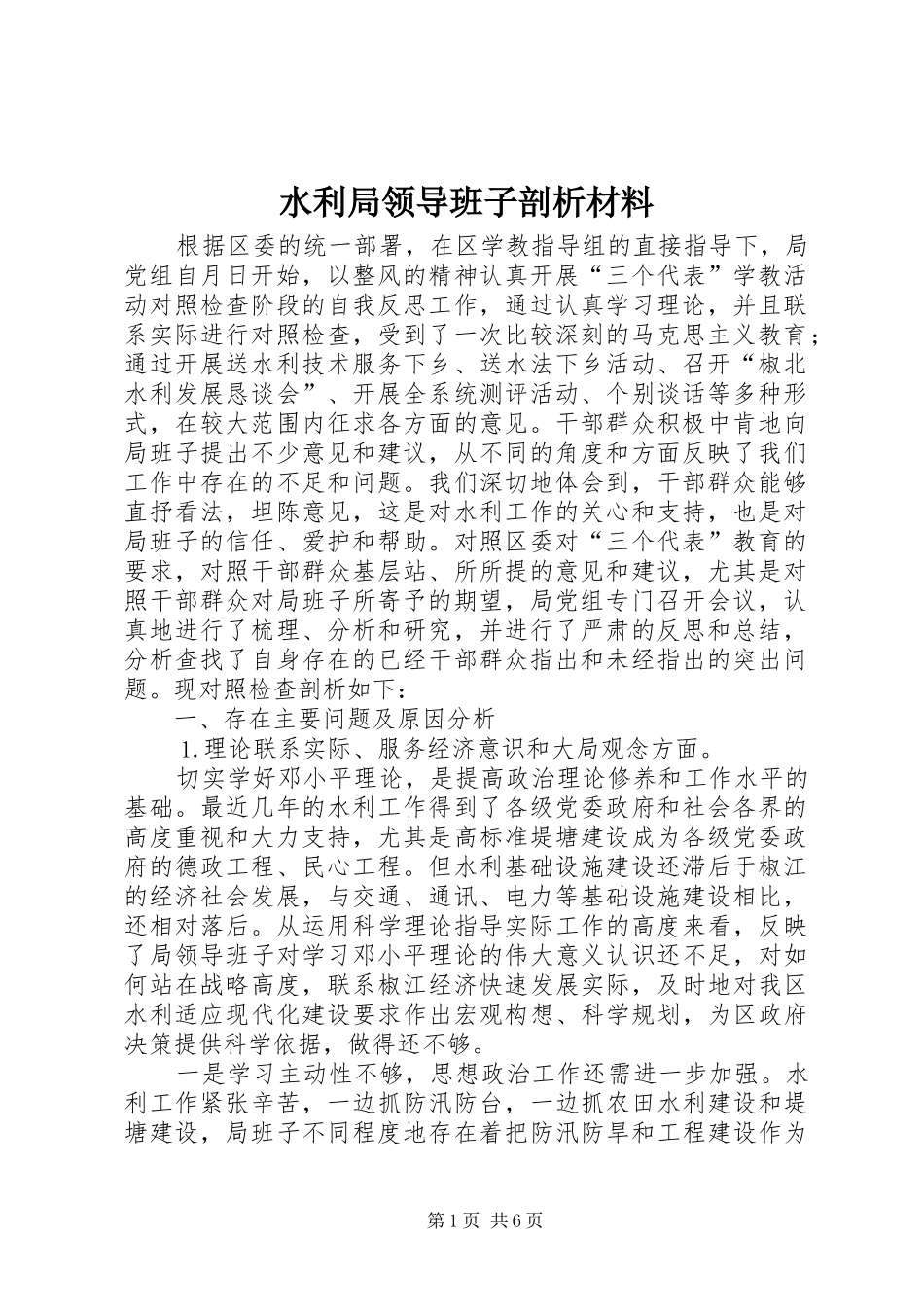水利局领导班子剖析材料_第1页