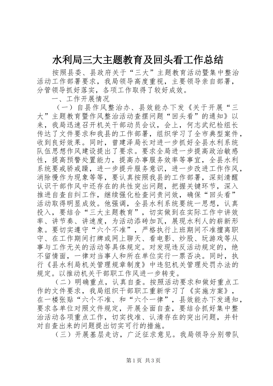 水利局三大主题教育及回头看工作总结_第1页