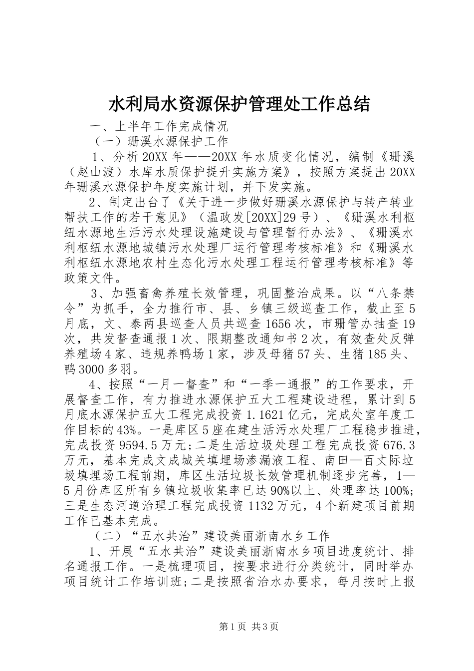 水利局水资源保护管理处工作总结_第1页