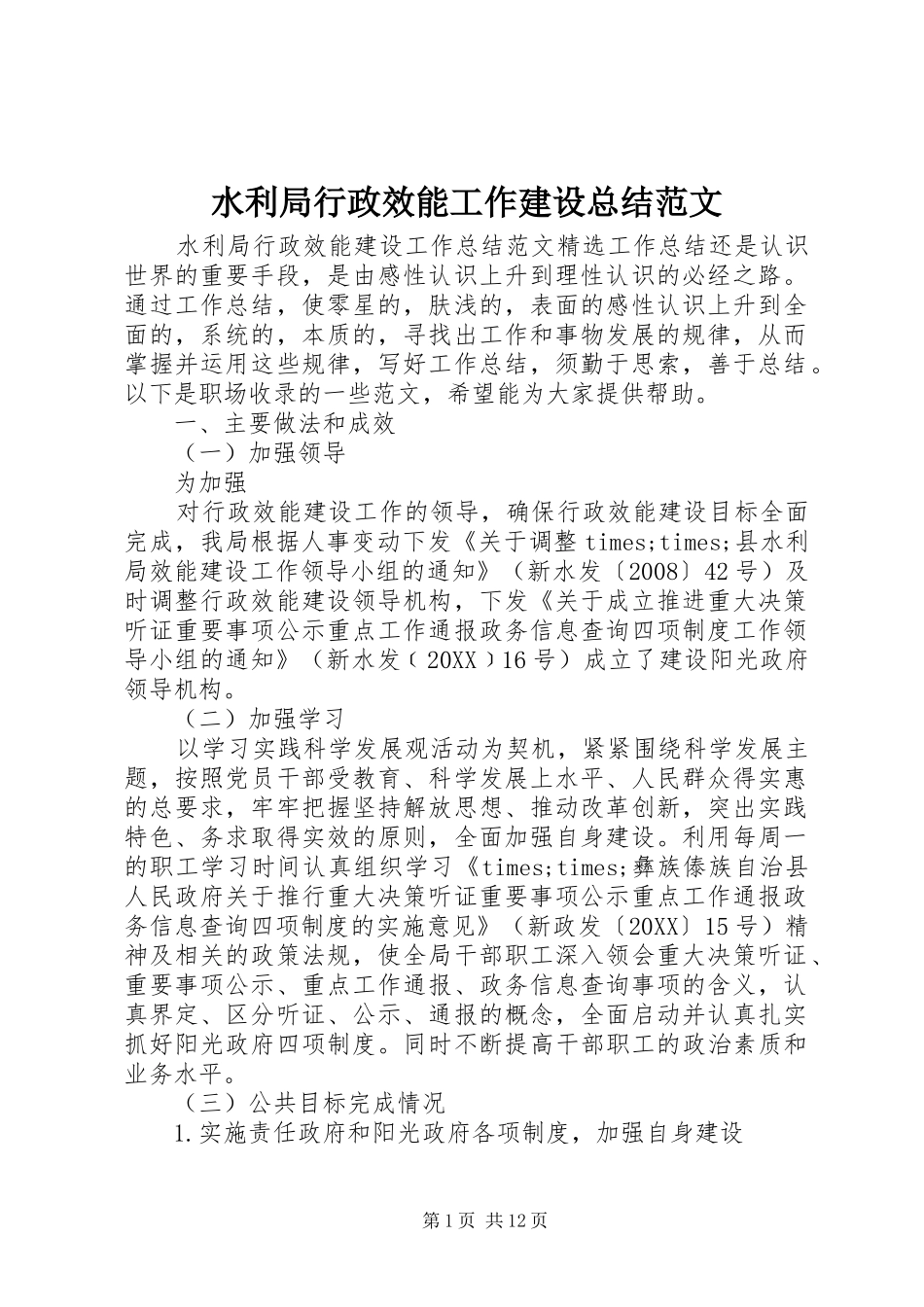 水利局行政效能工作建设总结范文_第1页