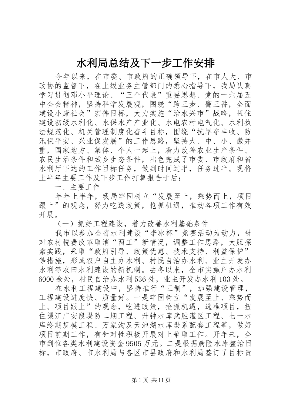 水利局总结及下一步工作安排_第1页