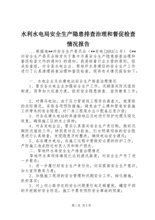 水利水电局安全生产隐患排查治理和督促检查情况报告