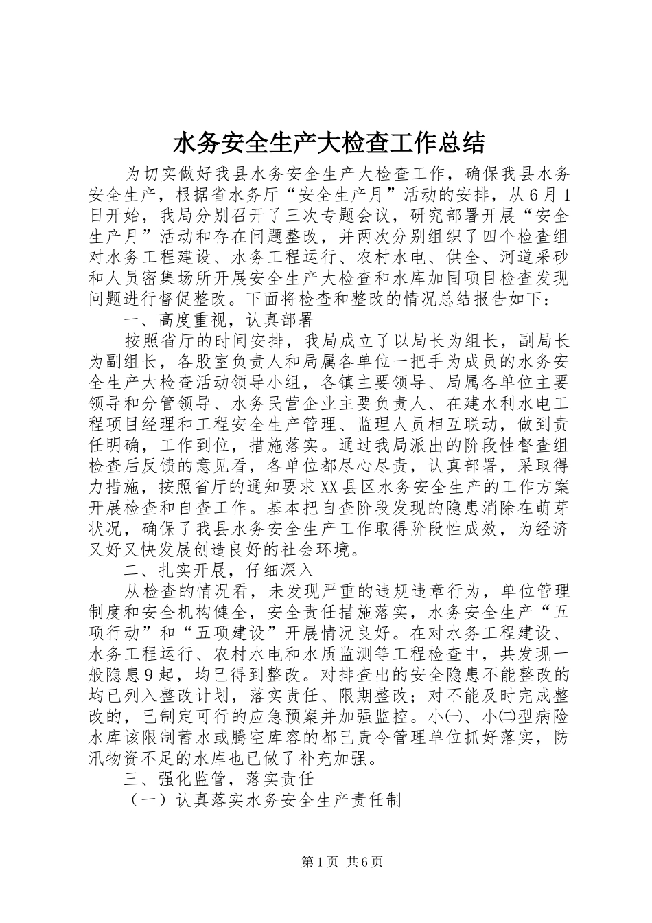 水务安全生产大检查工作总结_第1页