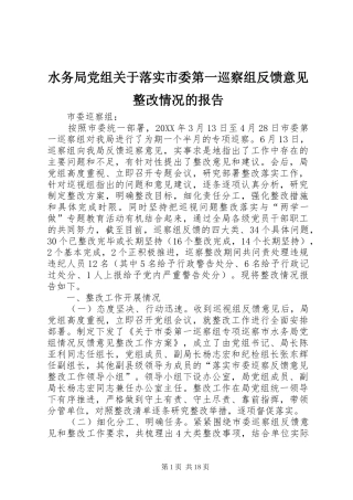 水务局党组关于落实市委第一巡察组反馈意见整改情况的报告
