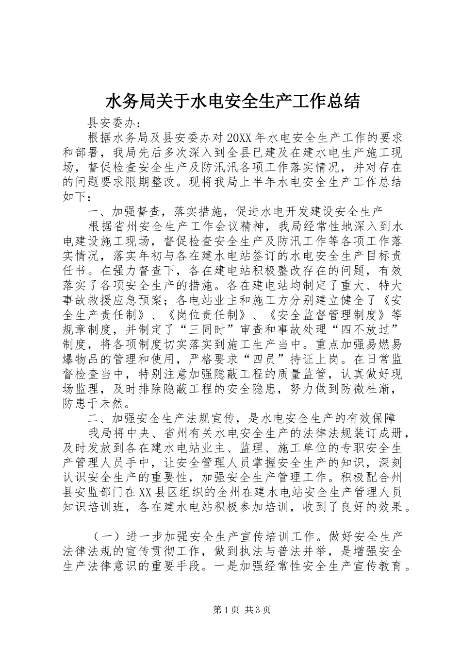 水务局关于水电安全生产工作总结_第1页