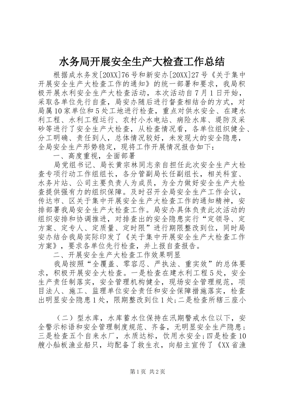 水务局开展安全生产大检查工作总结_第1页