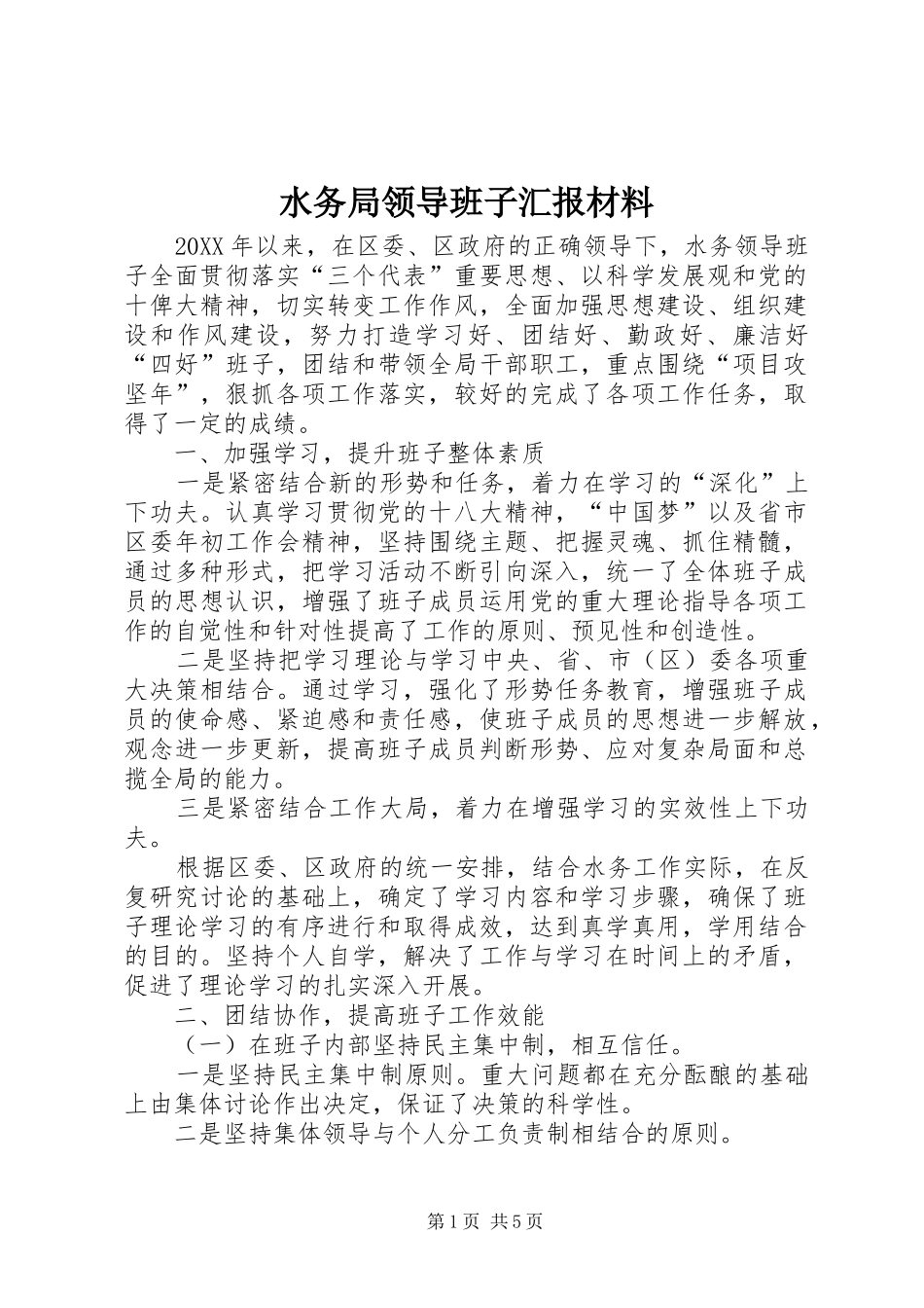 水务局领导班子汇报材料_第1页