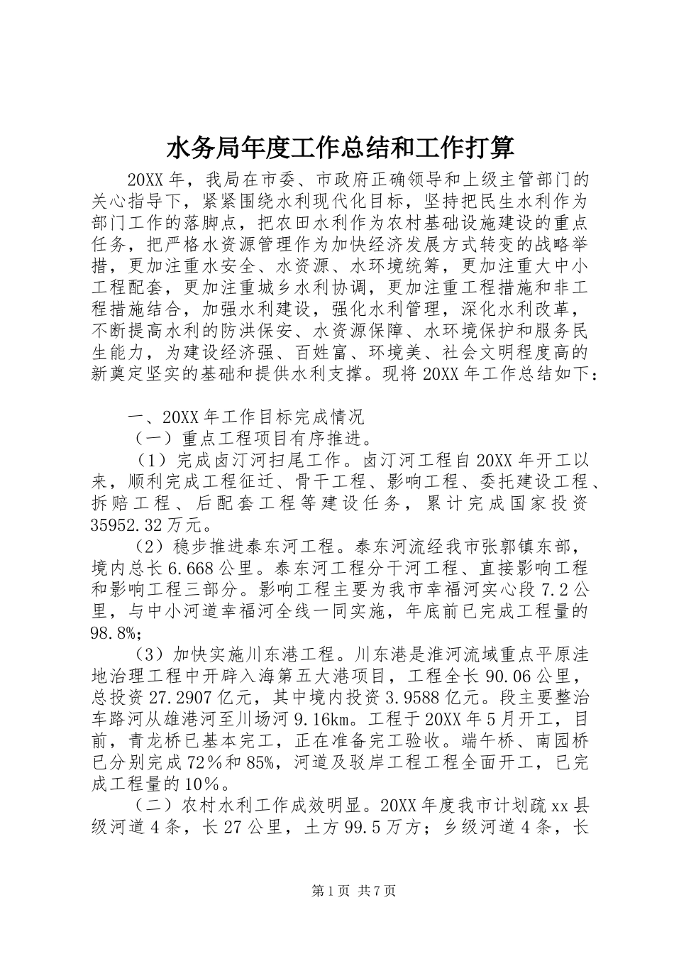 水务局年度工作总结和工作打算_第1页