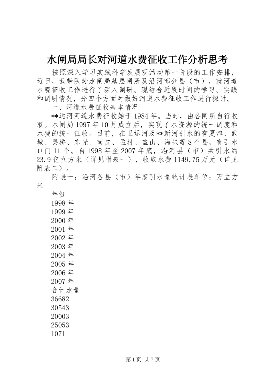 水闸局局长对河道水费征收工作分析思考_第1页