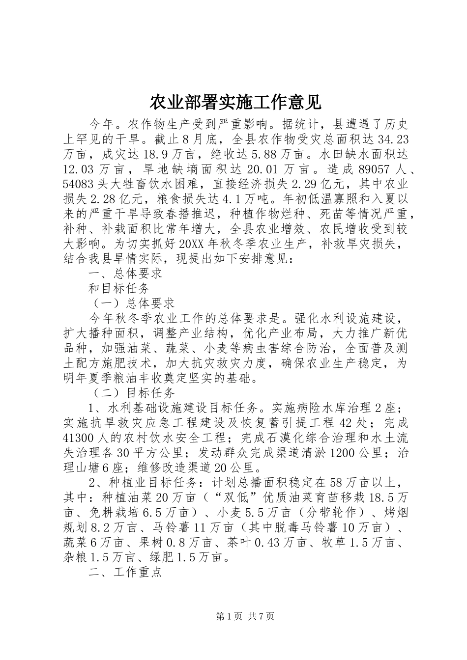 农业部署实施工作意见_第1页