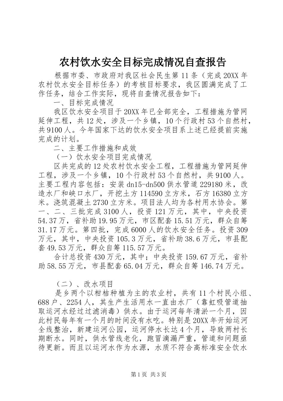 农村饮水安全目标完成情况自查报告_第1页
