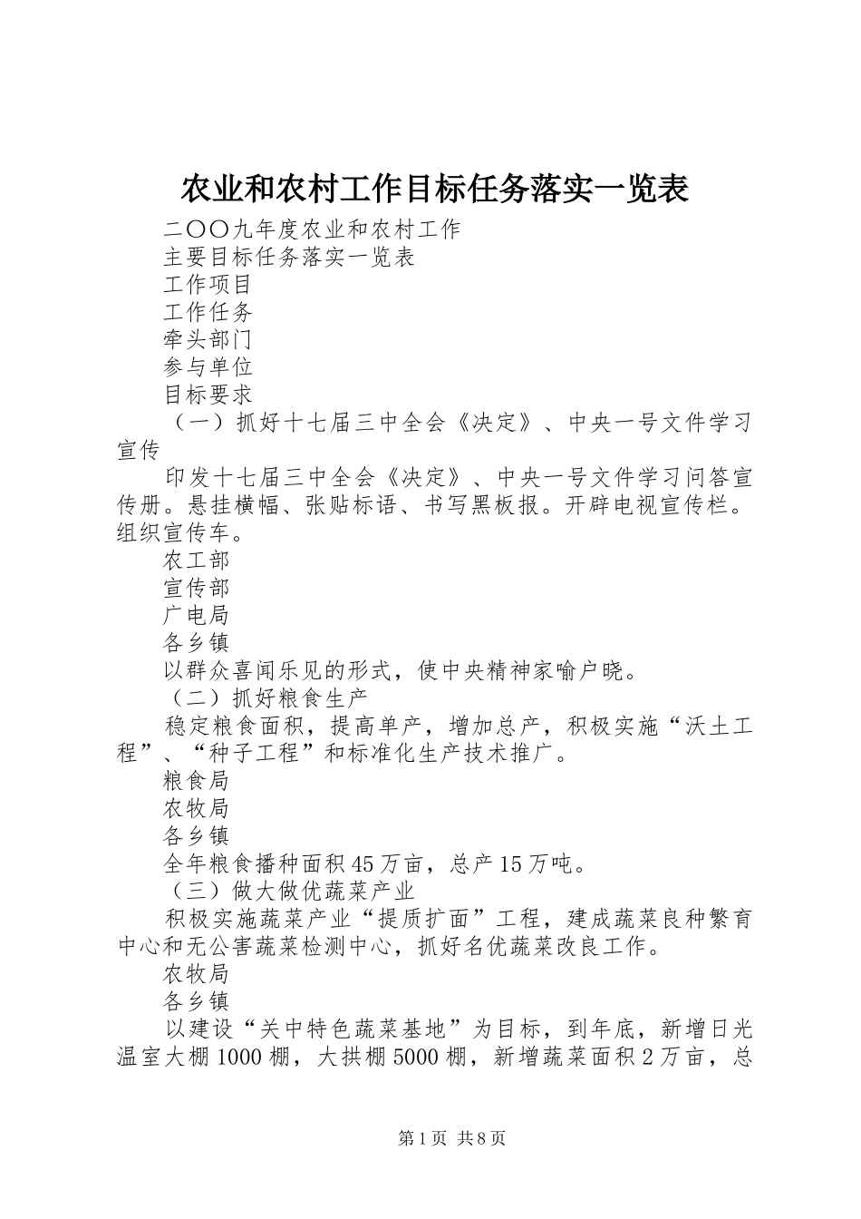 农业和农村工作目标任务落实一览表_第1页