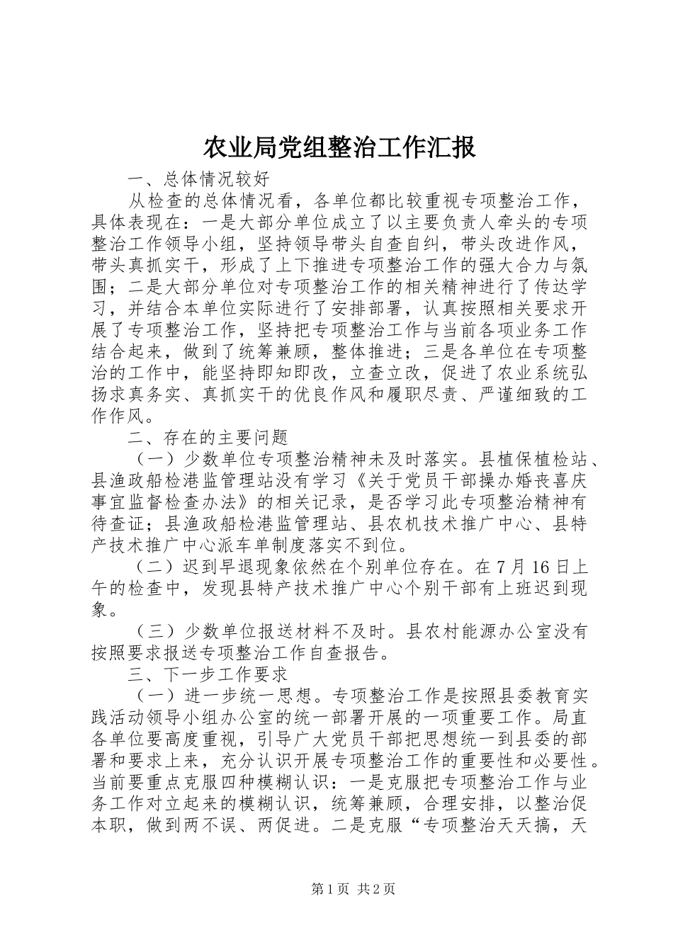 农业局党组整治工作汇报_第1页