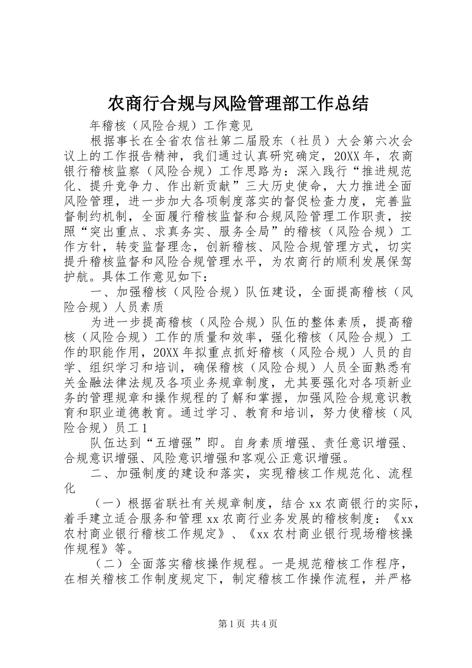 农商行合规与风险管理部工作总结_第1页