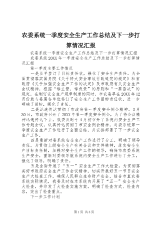 农委系统一季度安全生产工作总结及下一步打算情况汇报