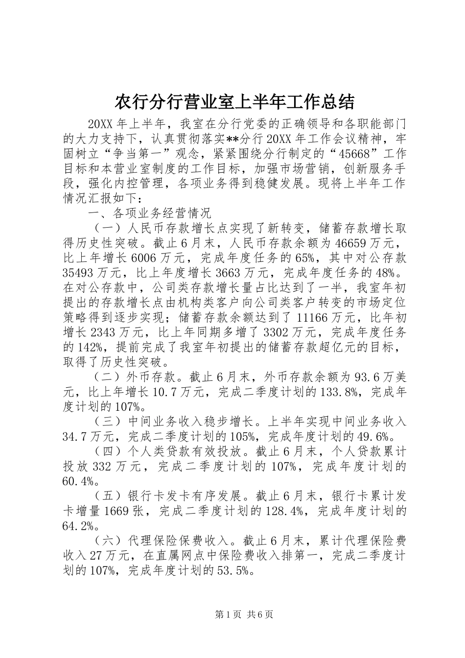 农行分行营业室上半年工作总结_第1页