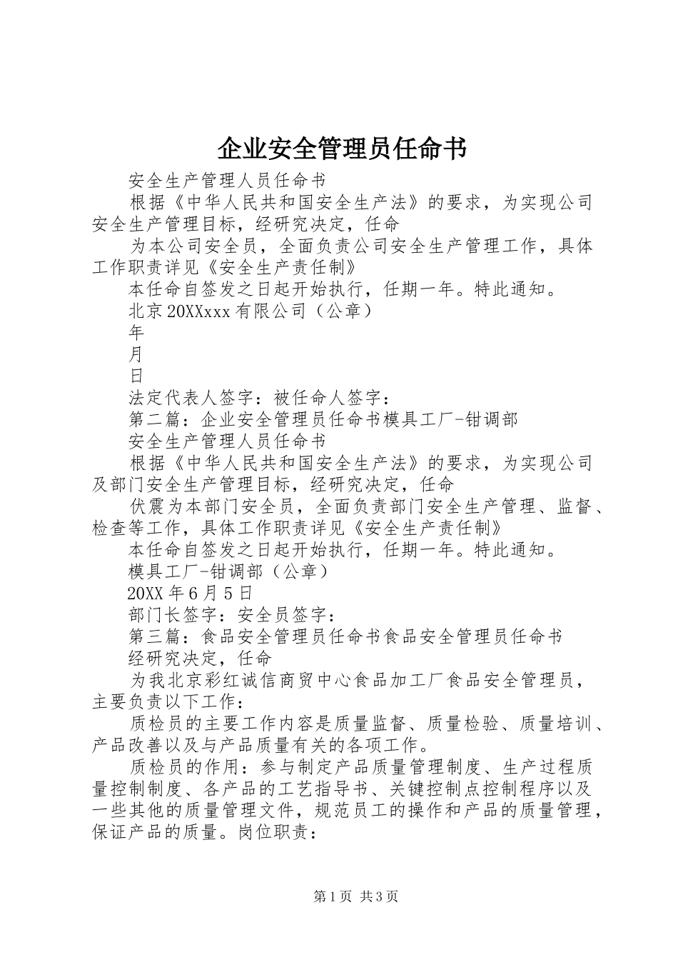 企业安全管理员任命书_第1页
