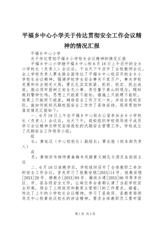 平福乡中心小学关于传达贯彻安全工作会议精神的情况汇报