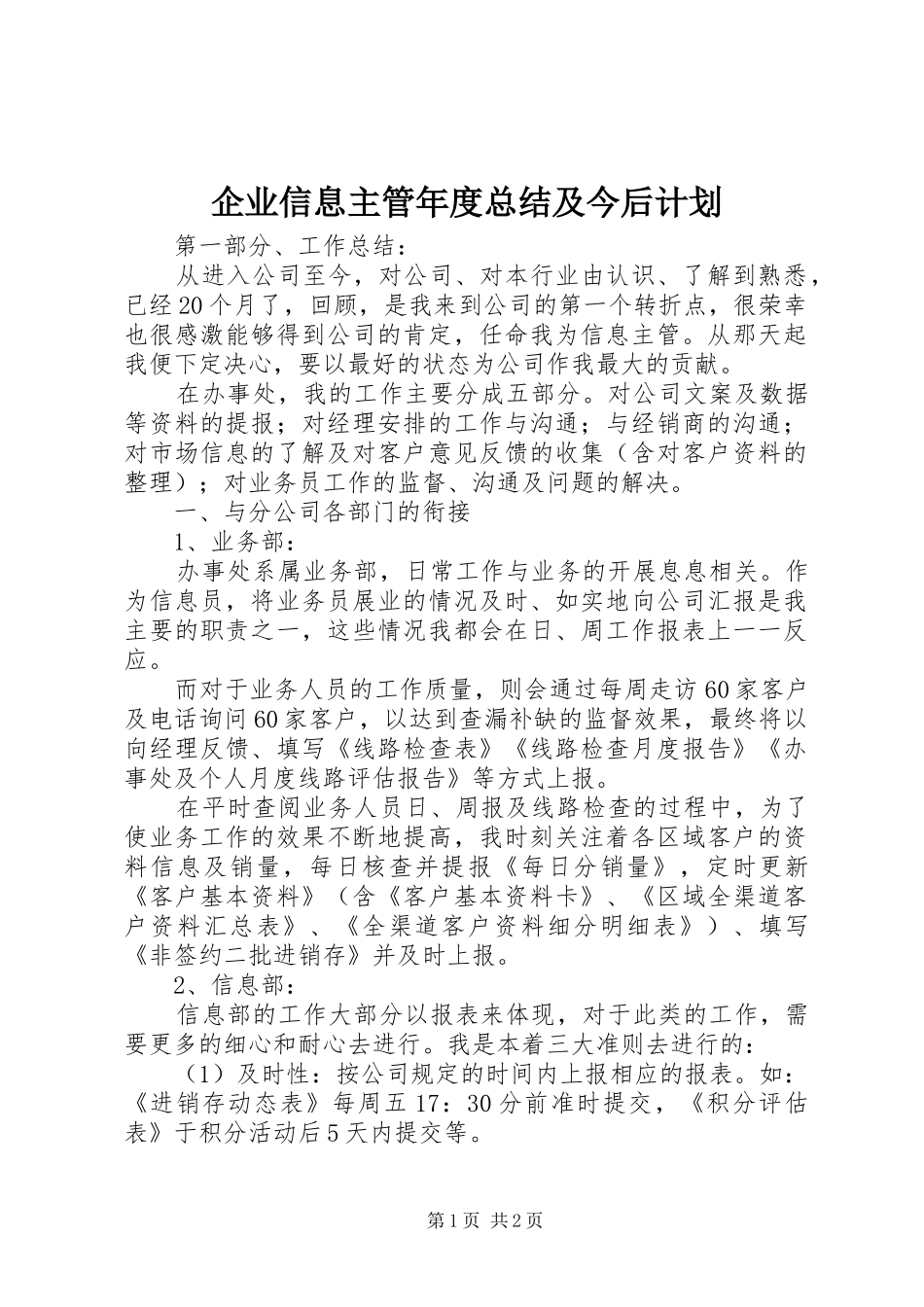 企业信息主管年度总结及今后计划_第1页