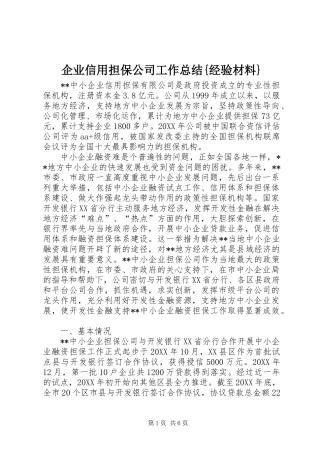 企业信用担保公司工作总结经验材料
