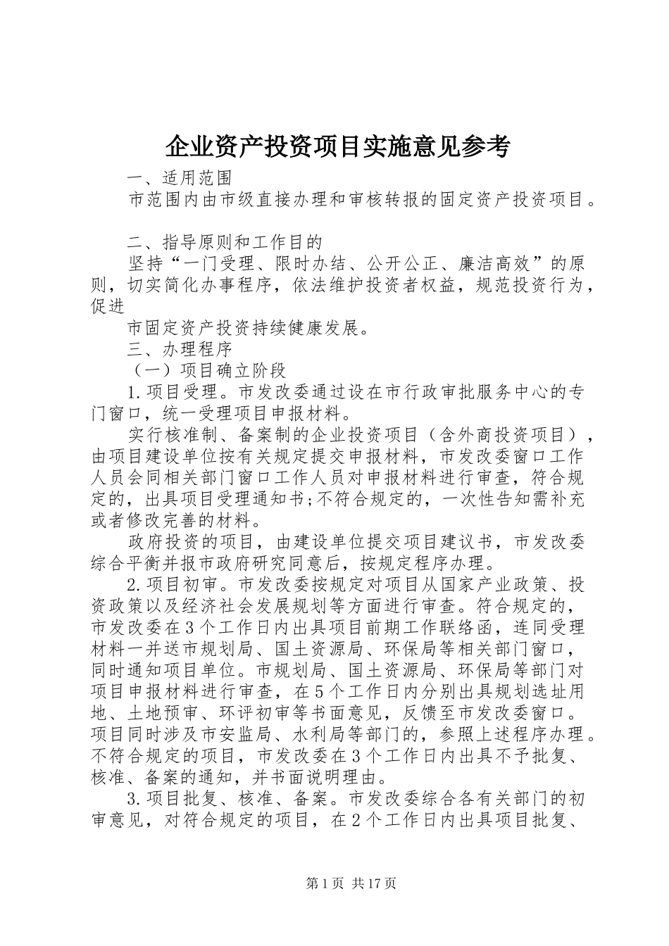 企业资产投资项目实施意见参考_第1页