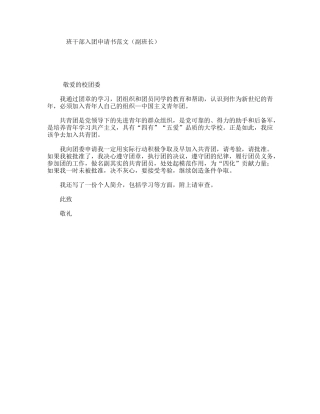 班干部入团申请书范文（副班长）