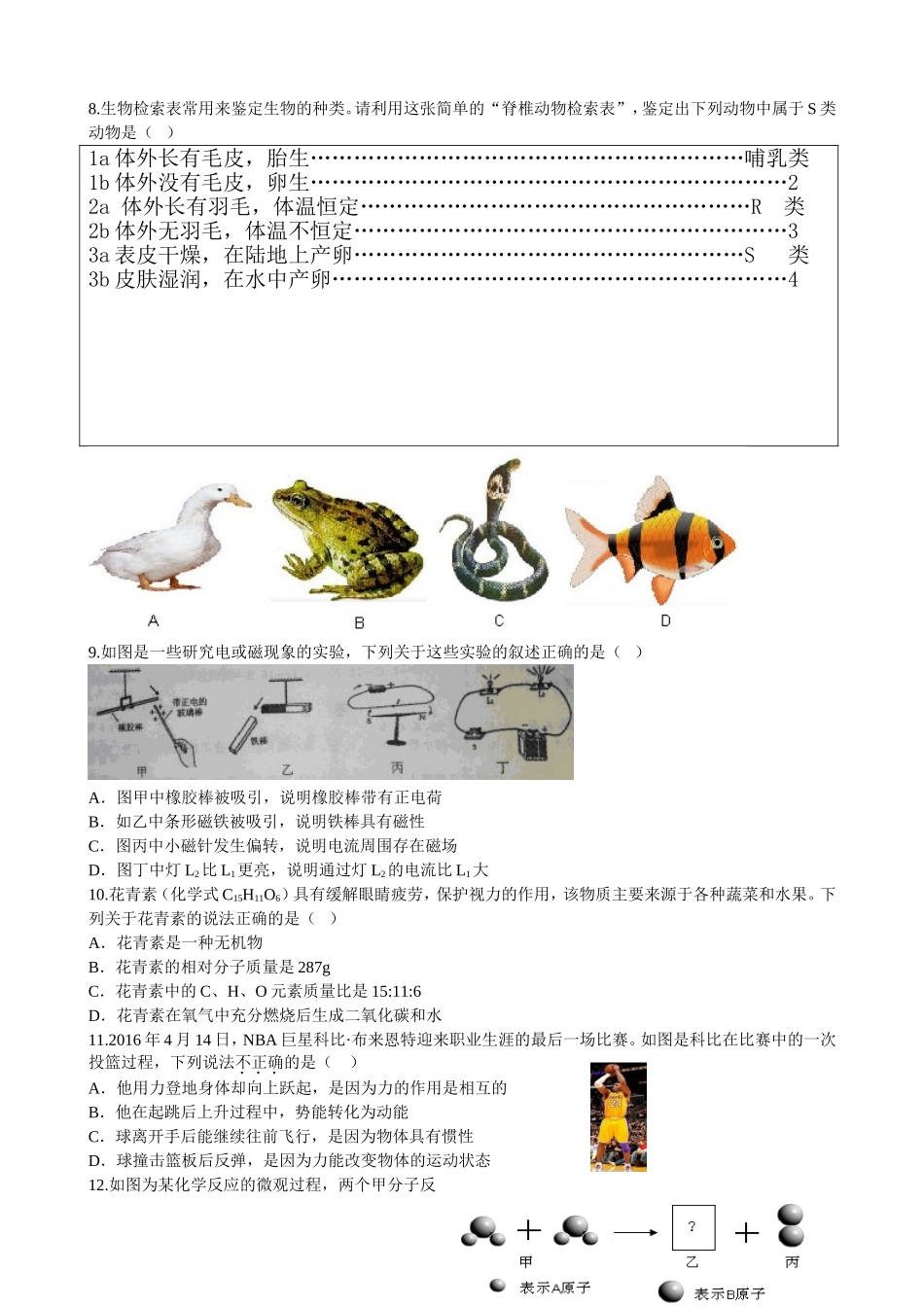 初中毕业生升学考试科学试卷_第2页