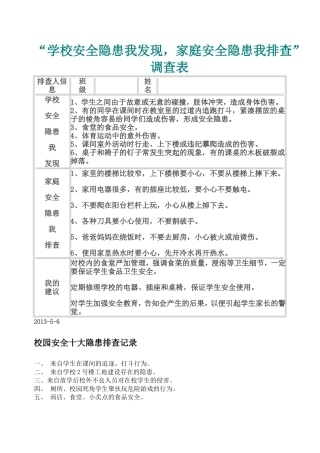 “学校安全隐患我发现，家庭安全隐患我排查”调查表