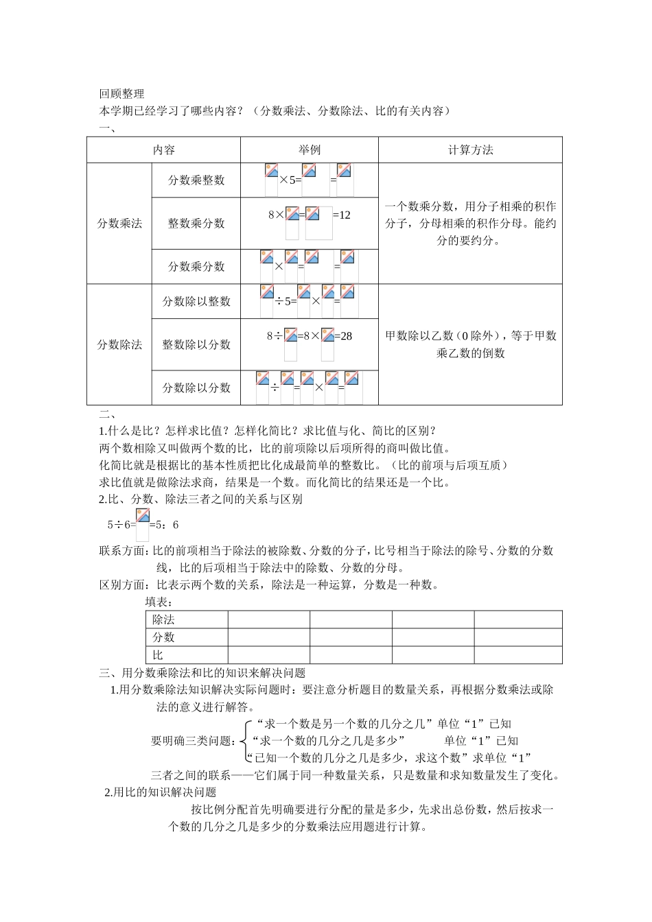 分数乘法、分数除法、比的有关内容回顾整理_第1页