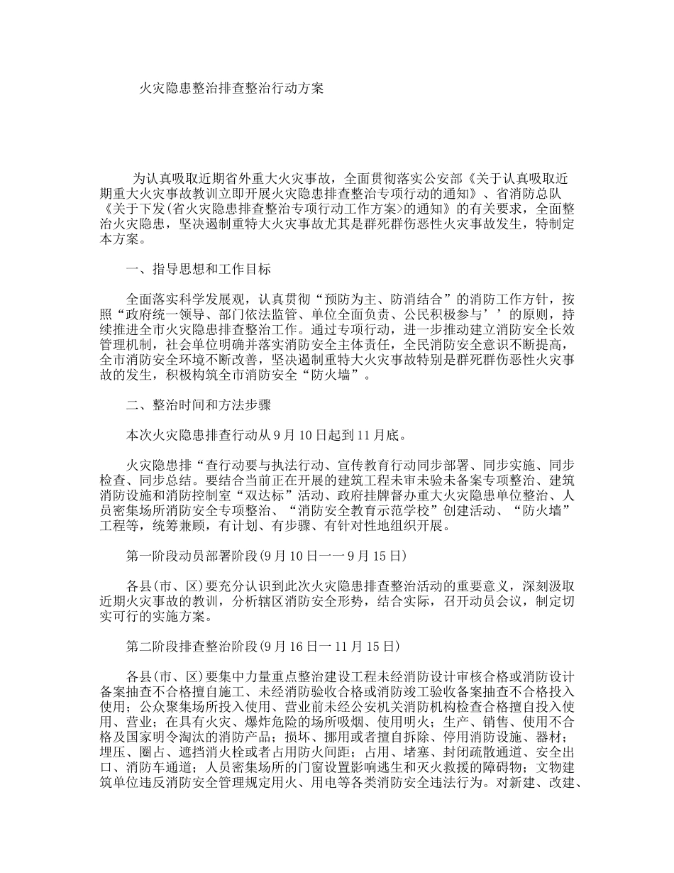 火灾隐患整治排查整治行动方案_第1页