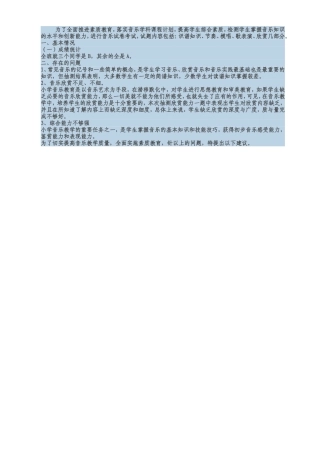 为了全面推进素质教育，落实音乐学科课程计划，提高学生综合素质，检测学生掌握音乐知识的水平和创新能力，进行音乐试卷考试，试题内容包括：识谱知识、节奏、模唱、歌表演、欣赏几部分。