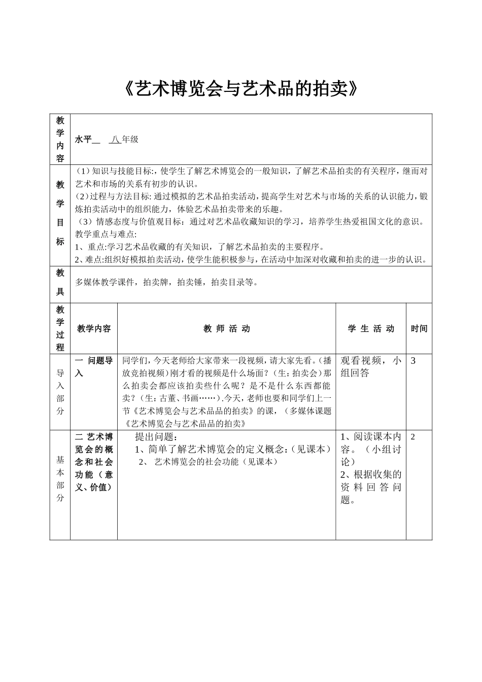 《艺术博览会与艺术品的拍卖》八年级教学设计_第1页