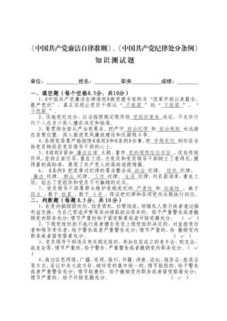 《中国共产党廉洁自律准则》《中国共产党纪律处分条例》知 识 测 试 题