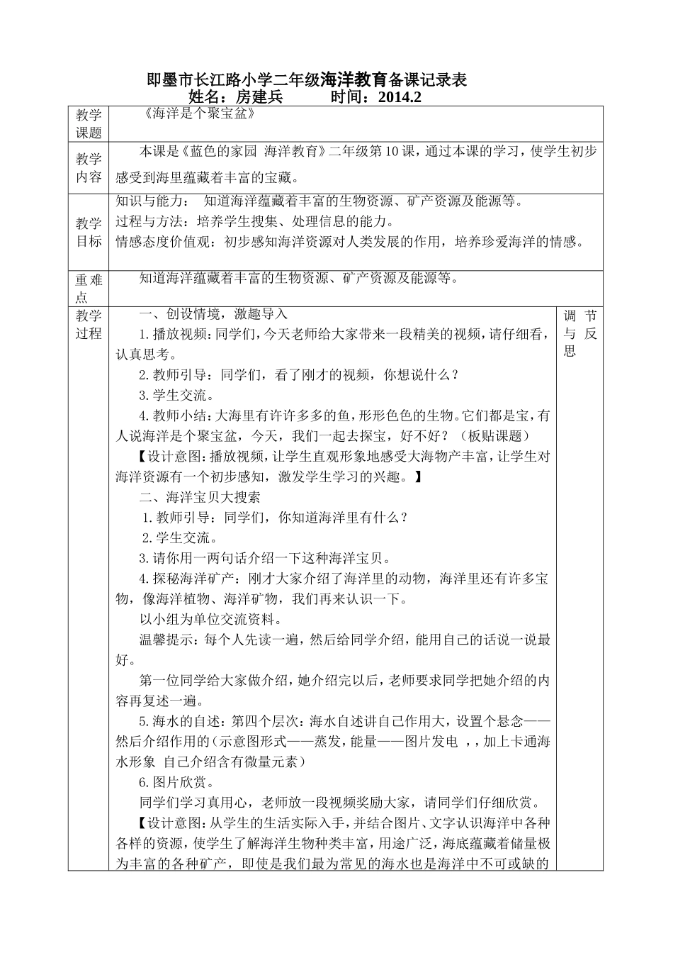 即墨市长江路小学二年级海洋教育备课记录表_第1页